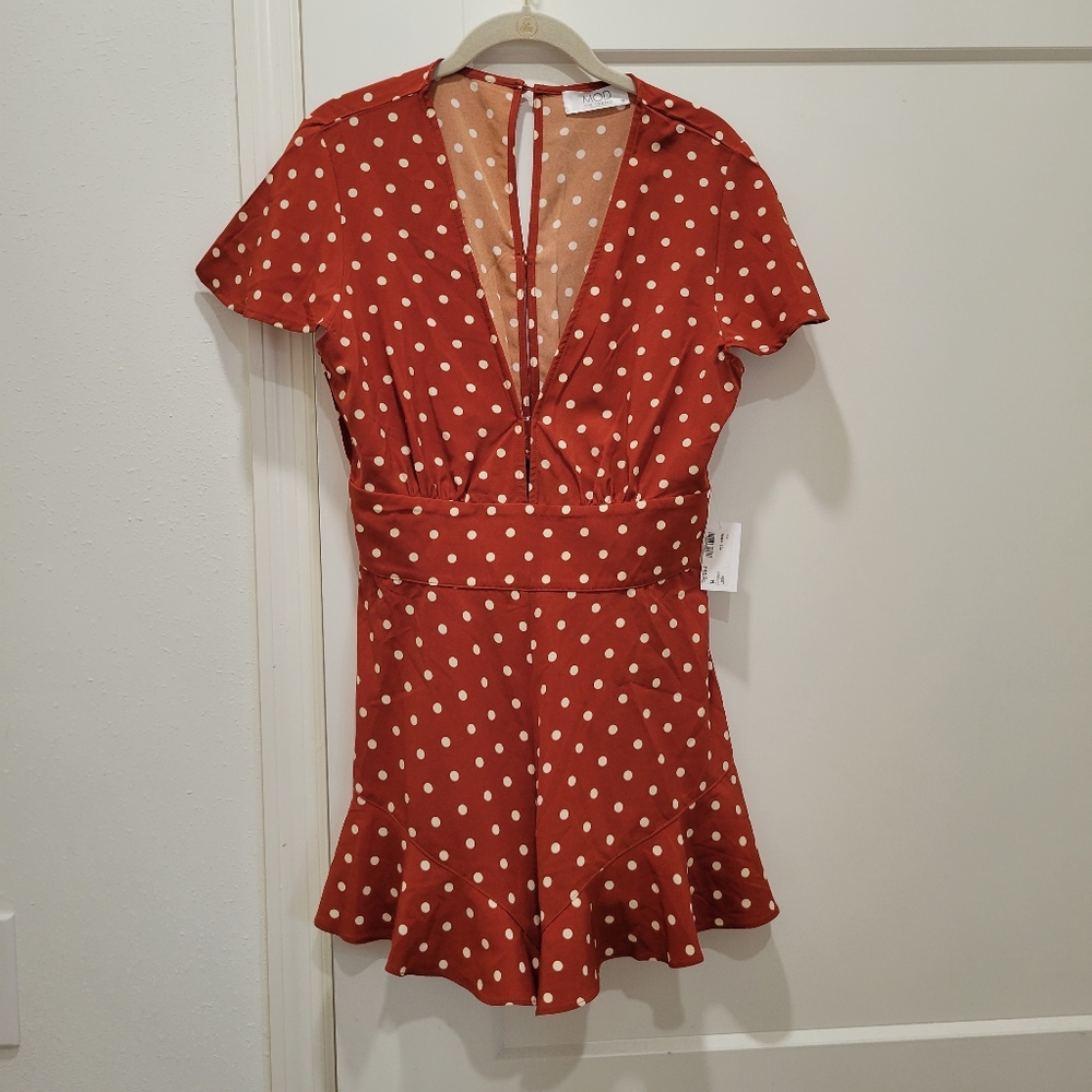 NWT Medium MOD on Trend Rust Red and White Polka Dot Ruffle Romper